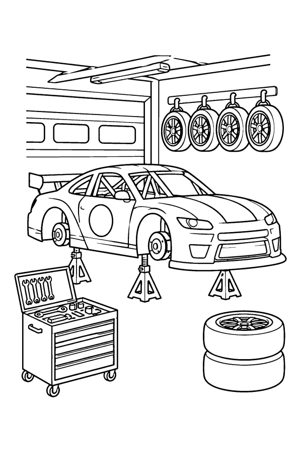 Coloriage d’une voiture de course en garage