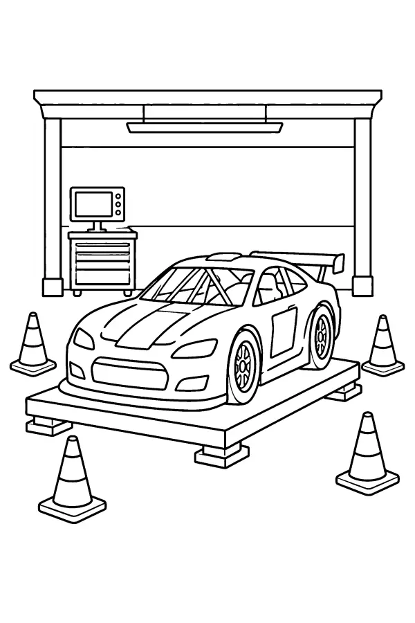 Coloriage d’une voiture de course sur une balance