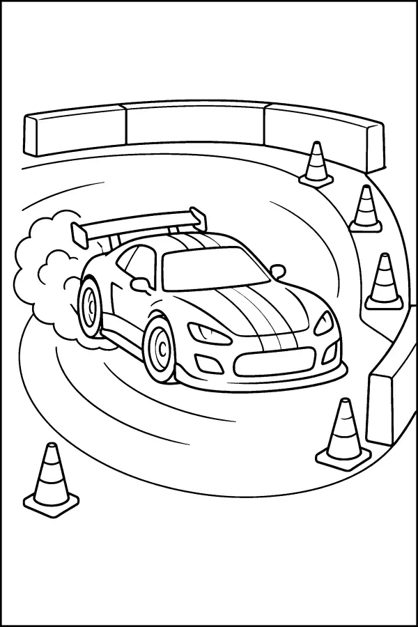 Coloriage d’une voiture de course en dérapage