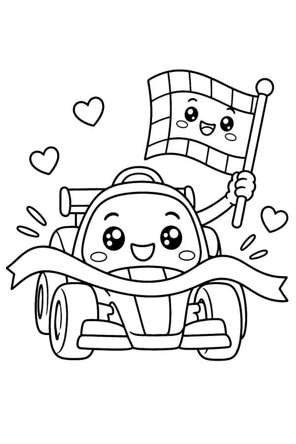 Dessin à colorier d’une voiture de course kawaii gagnante