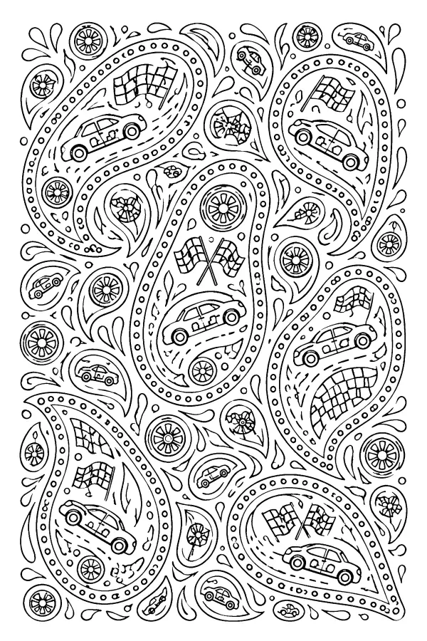 Coloriage détaillé motifs paisley voiture de course