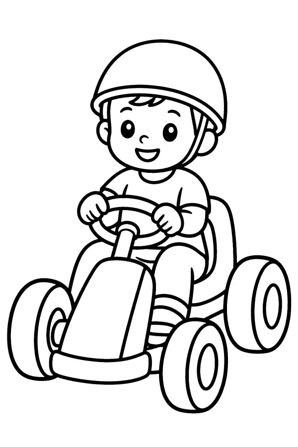 Coloriage facile d’un enfant en voiture de course à pédales
