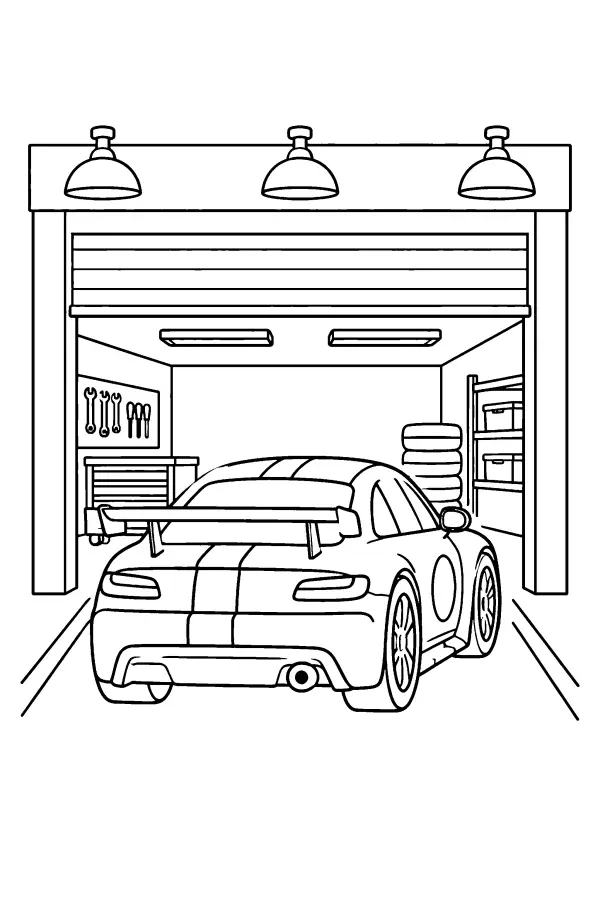 Coloriage d’une voiture de course entrant au garage