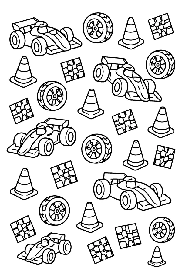 Coloriage motif de voitures de course et pneus