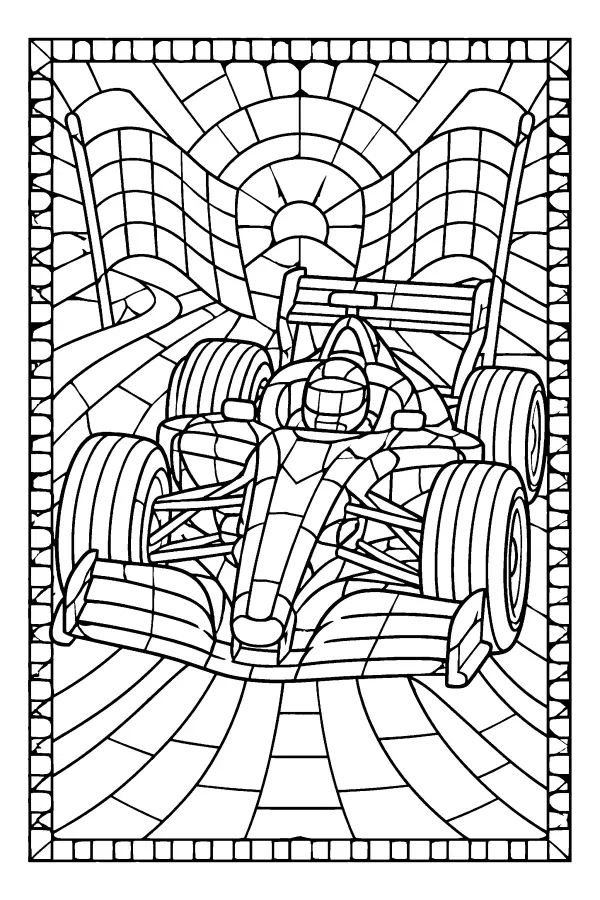 Coloriage détaillé d’une voiture de course façon vitrail