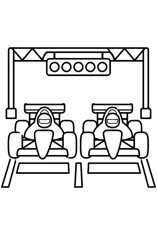 Coloriage de deux voitures de course sur la grille