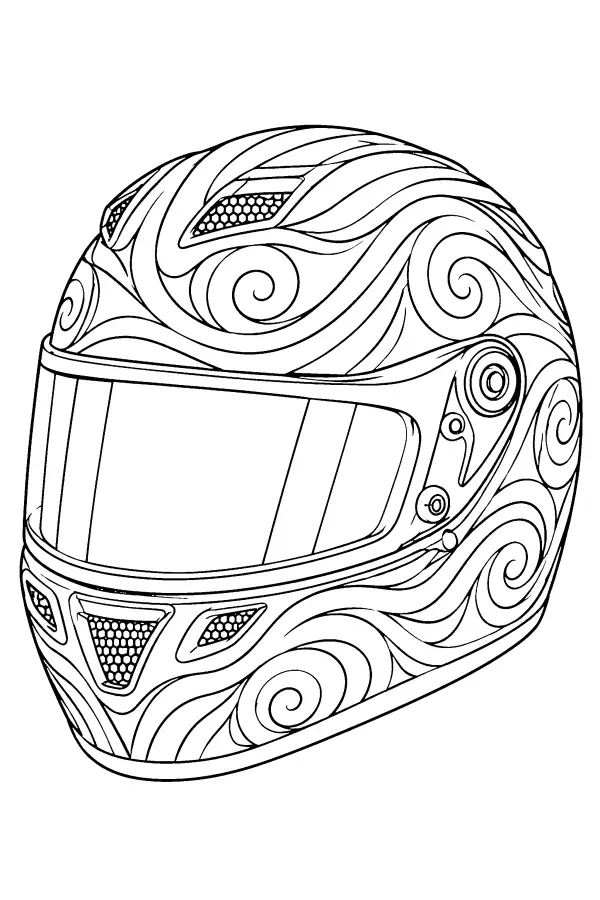 Coloriage d’un casque de voiture de course à volutes