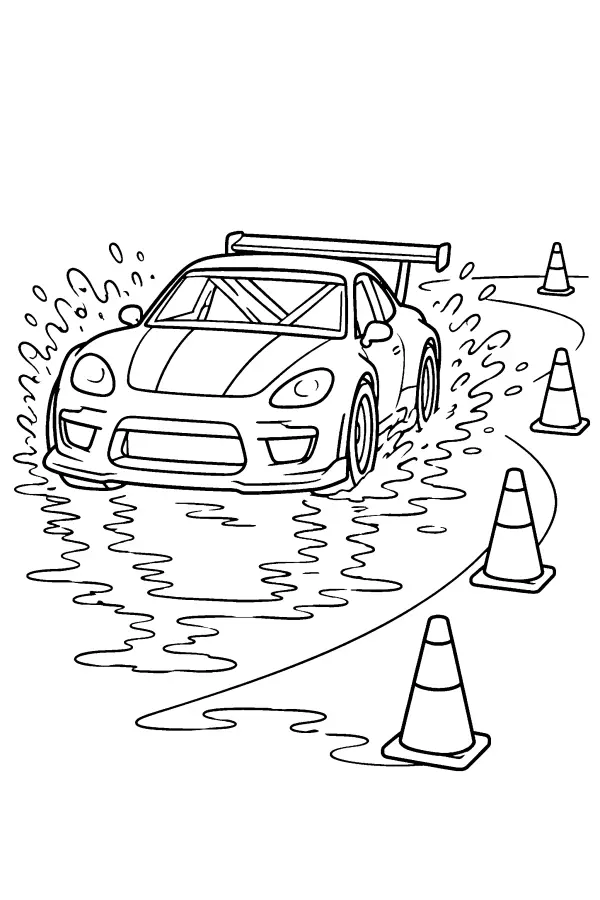 Coloriage d’une voiture de course sur piste mouillée