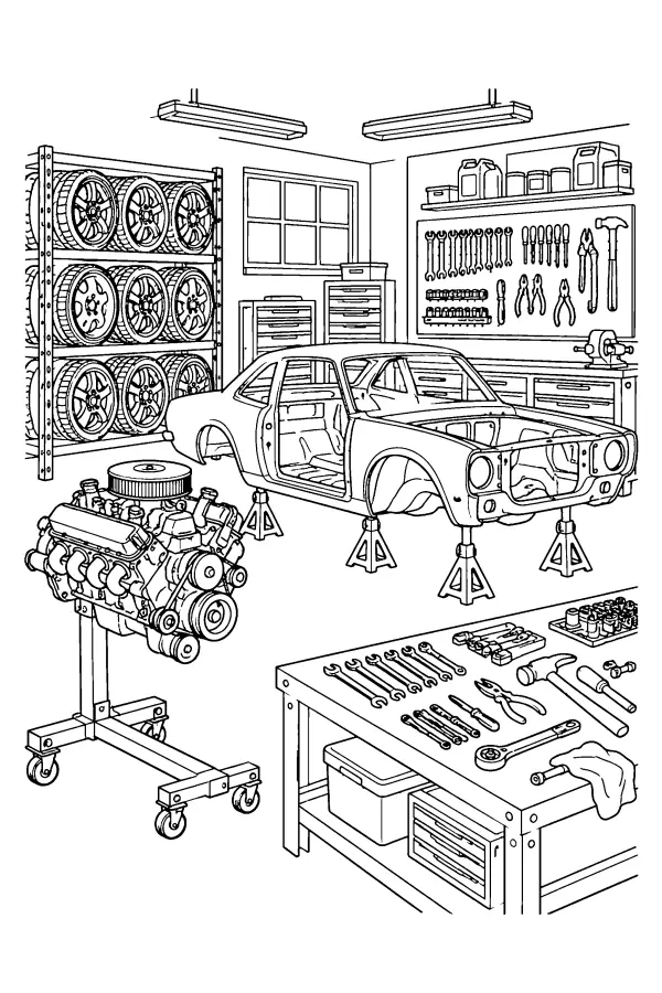 Dessin à colorier d’une voiture de course en construction