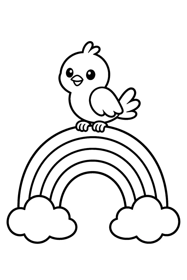 Dessin à colorier d’un oiseau sur un arc-en-ciel