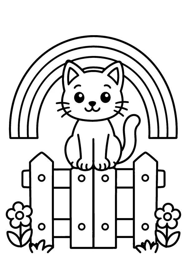Dessin à colorier d’un chat sous un arc-en-ciel
