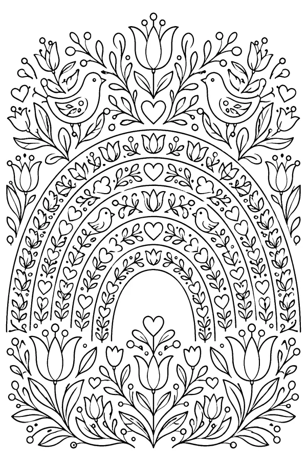 Coloriage détaillé d’un arc-en-ciel folklorique