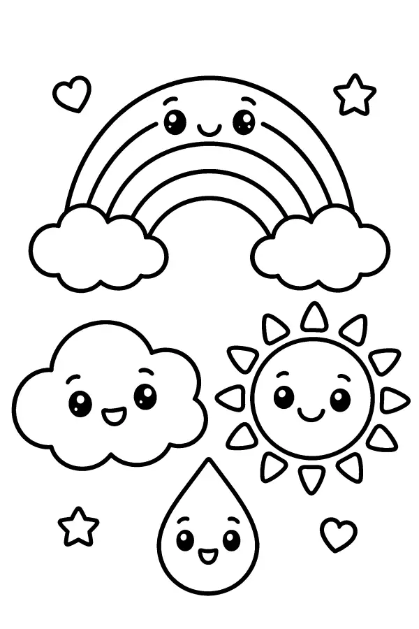 Coloriage d’amis de la météo sous un arc-en-ciel