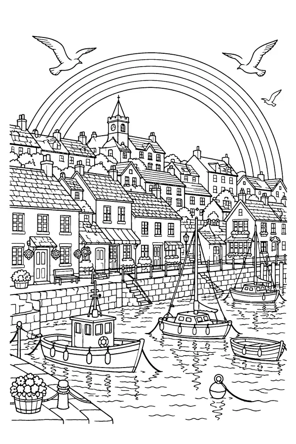 Dessin à colorier détaillé d’un port sous un arc-en-ciel