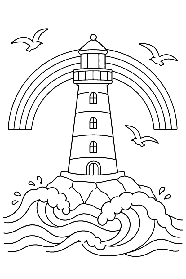 Coloriage d’un phare sous un arc-en-ciel