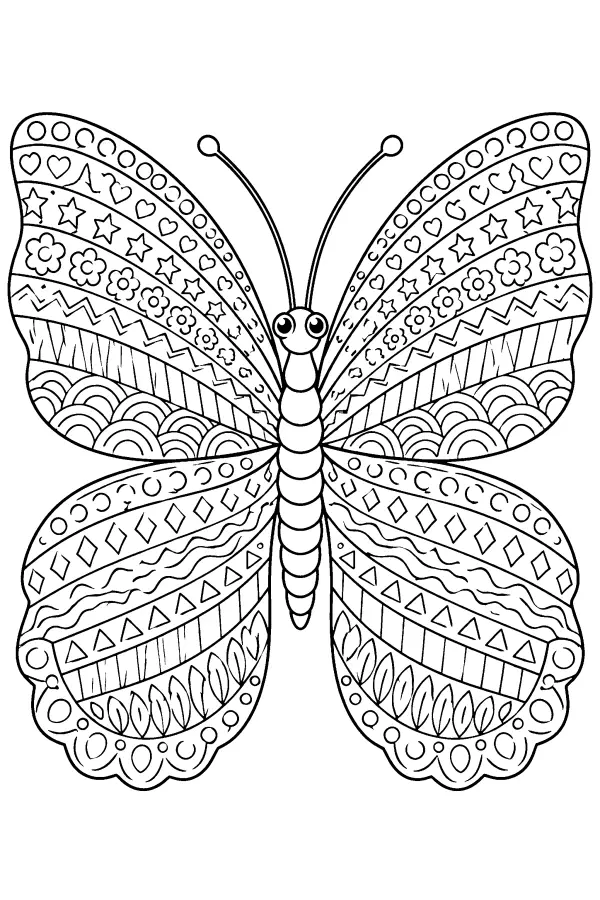 Coloriage détaillé d’un papillon aux bandes arc-en-ciel