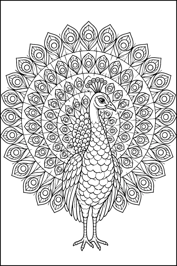 Coloriage détaillé d’un paon aux tons arc-en-ciel