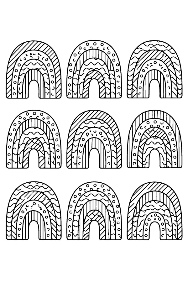 Coloriage détaillé de neuf arcs en motif arc-en-ciel