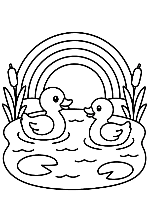 Dessin à colorier d’un arc-en-ciel sur un étang