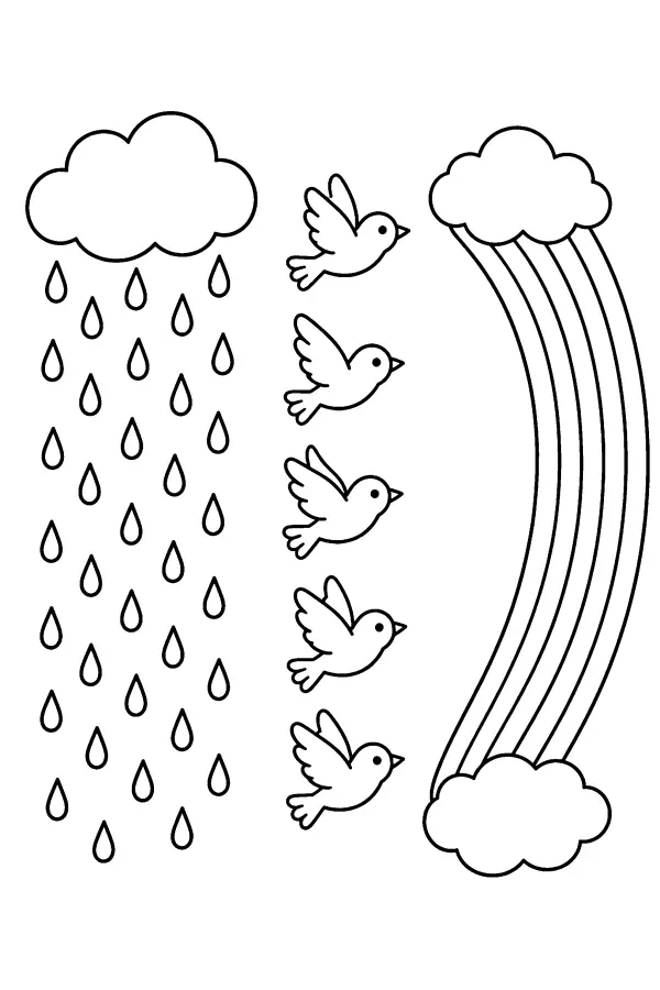 Dessin à colorier d’oiseaux sous un arc-en-ciel