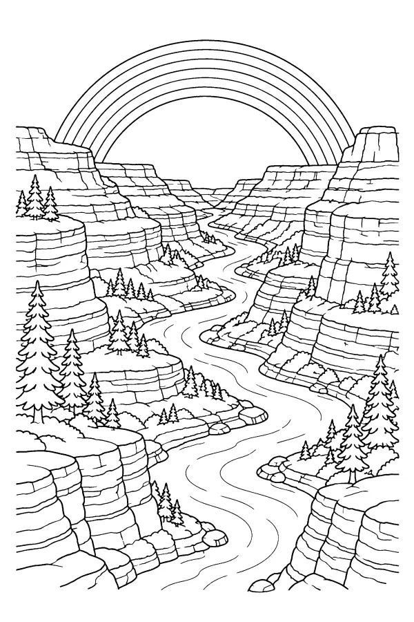 Coloriage détaillé d’un canyon sous un arc-en-ciel