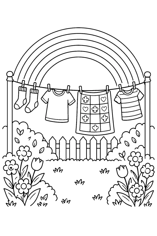 Coloriage d’une corde à linge sous un arc-en-ciel