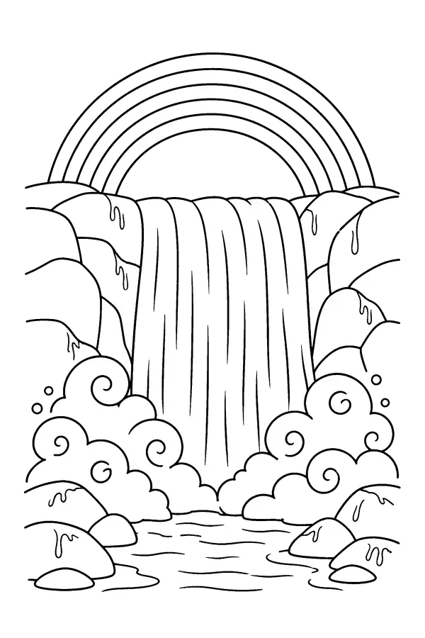 Dessin à colorier d’une cascade sous un arc-en-ciel