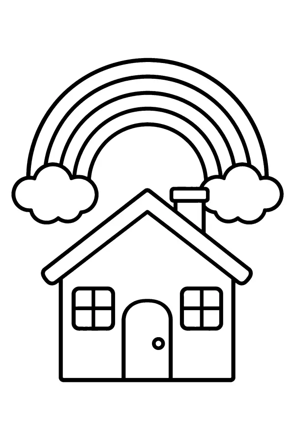 Dessin à colorier d’une maison sous un arc-en-ciel