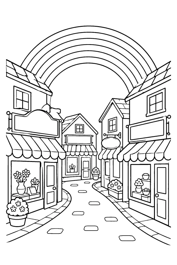 Dessin à colorier d’une rue sous un arc-en-ciel
