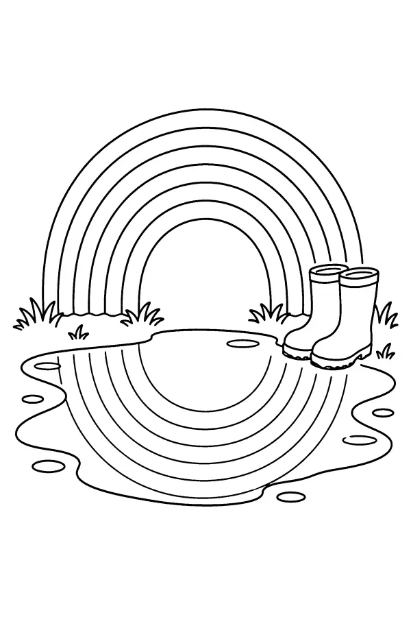 Dessin à colorier d’un arc-en-ciel dans une flaque