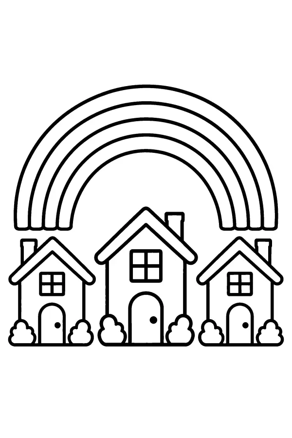 Coloriage d’un arc-en-ciel sur des maisons