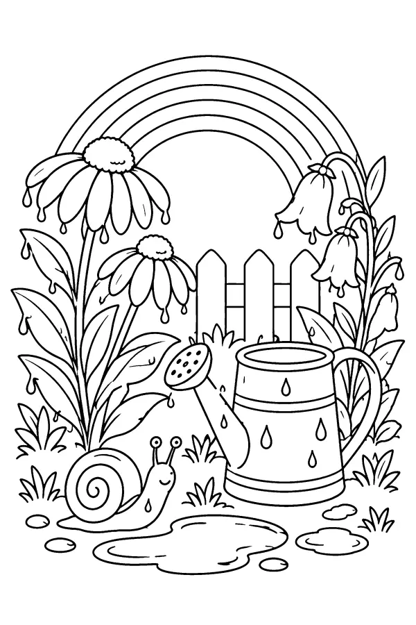 Dessin à colorier d’un jardin sous un arc-en-ciel