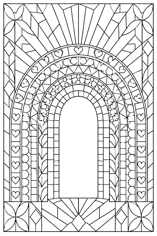Coloriage détaillé d’un vitrail arc-en-ciel