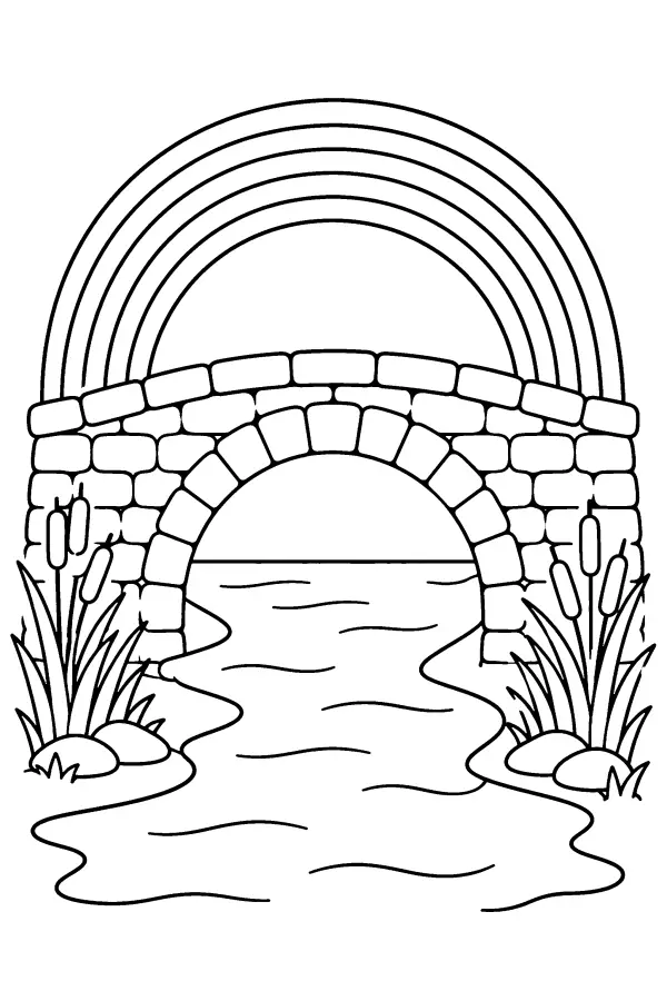 Dessin à colorier d’un pont sous un arc-en-ciel