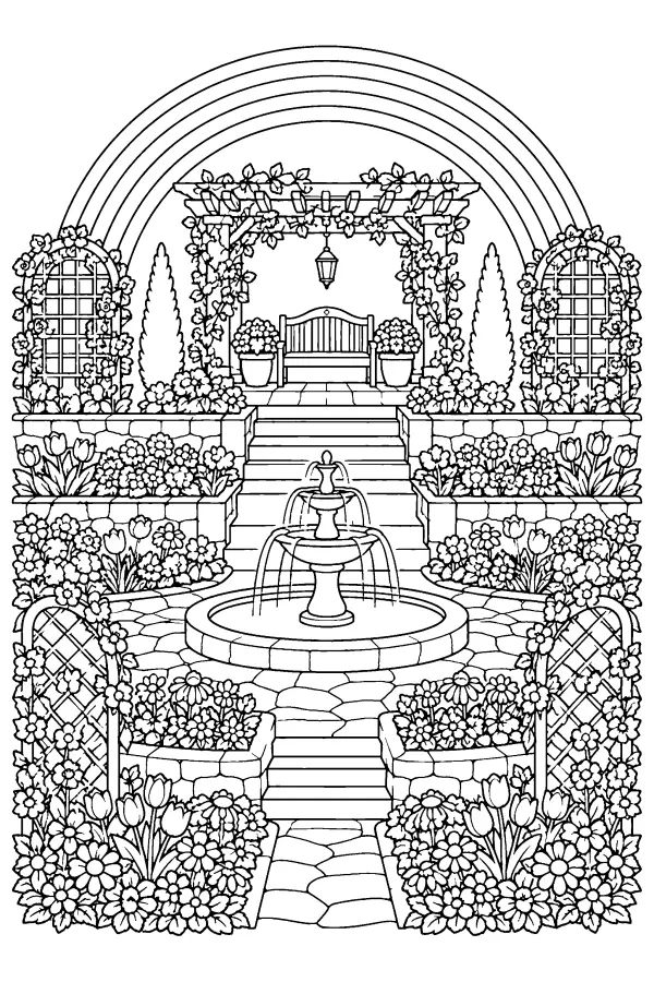 Coloriage détaillé d’un jardin sous un arc-en-ciel