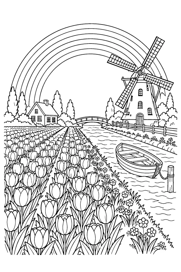 Dessin à colorier détaillé de tulipes sous un arc-en-ciel