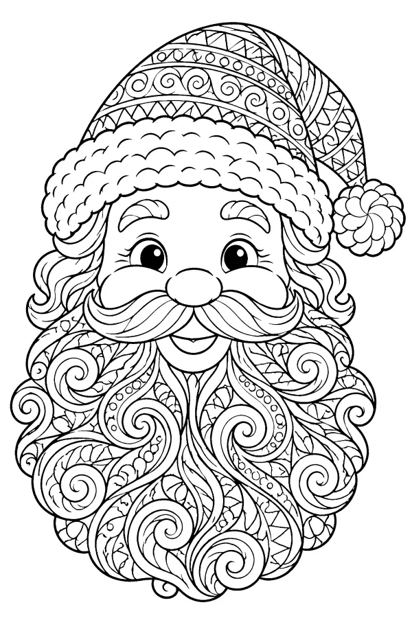 Coloriage détaillé du visage du Père Noël à motifs