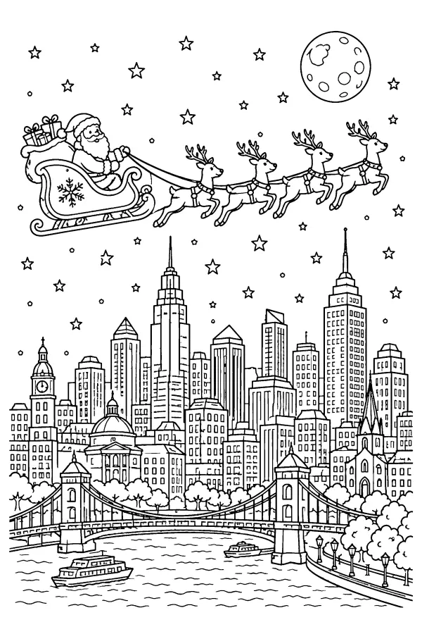 Santa Over City Skyline