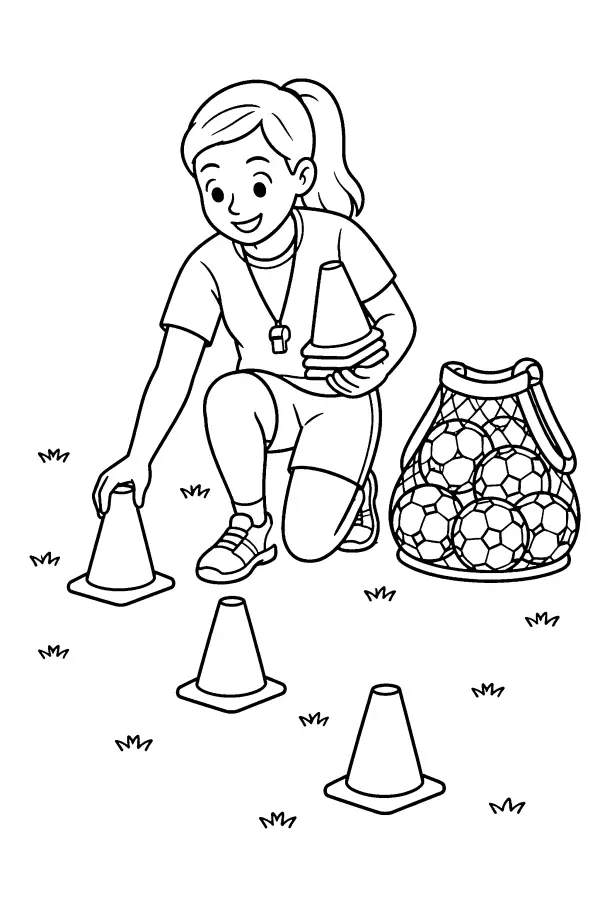 Dessin à colorier d’une entraîneuse de foot aux plots
