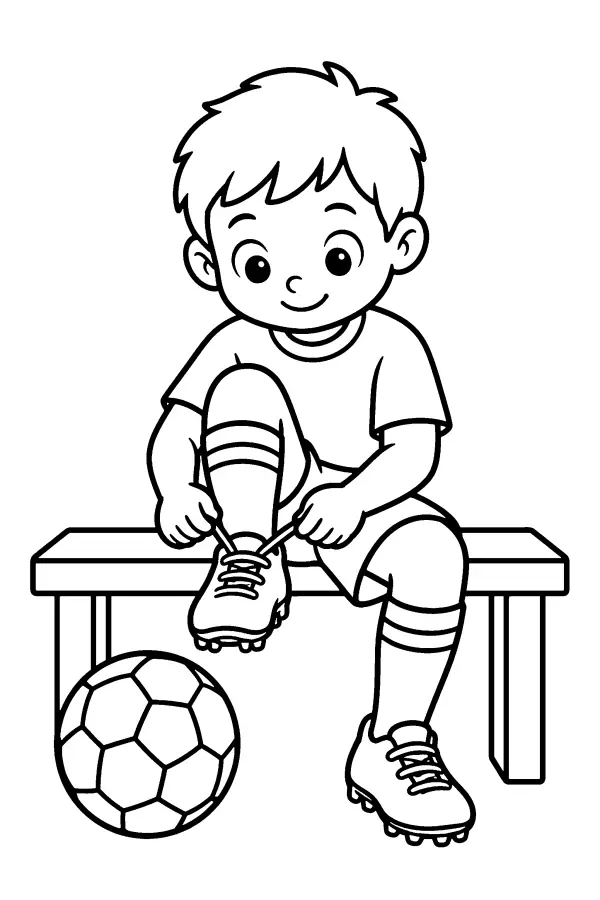 Coloriage d’un enfant lacant ses crampons de foot