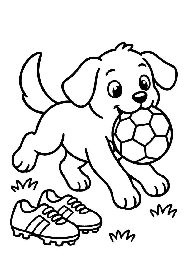 Dessin à colorier d’un chiot poursuivant un ballon de foot