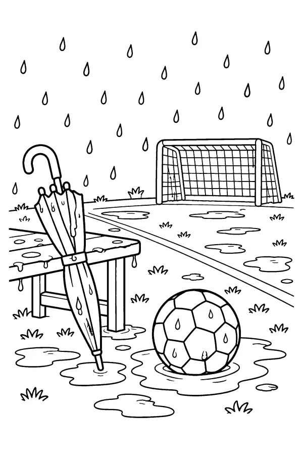 Dessin à colorier d’un terrain de foot sous la pluie