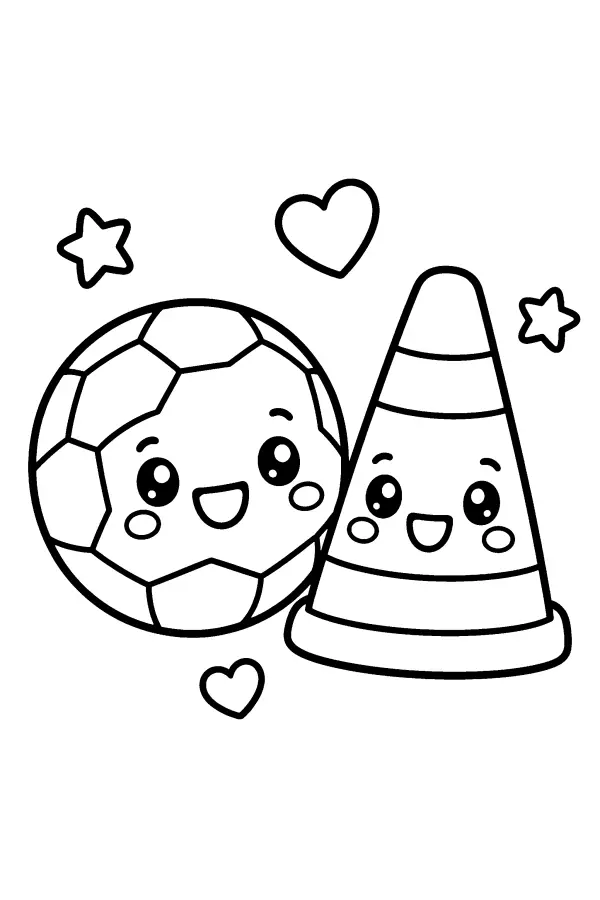 Coloriage d’un ballon de foot et d’un cône souriants
