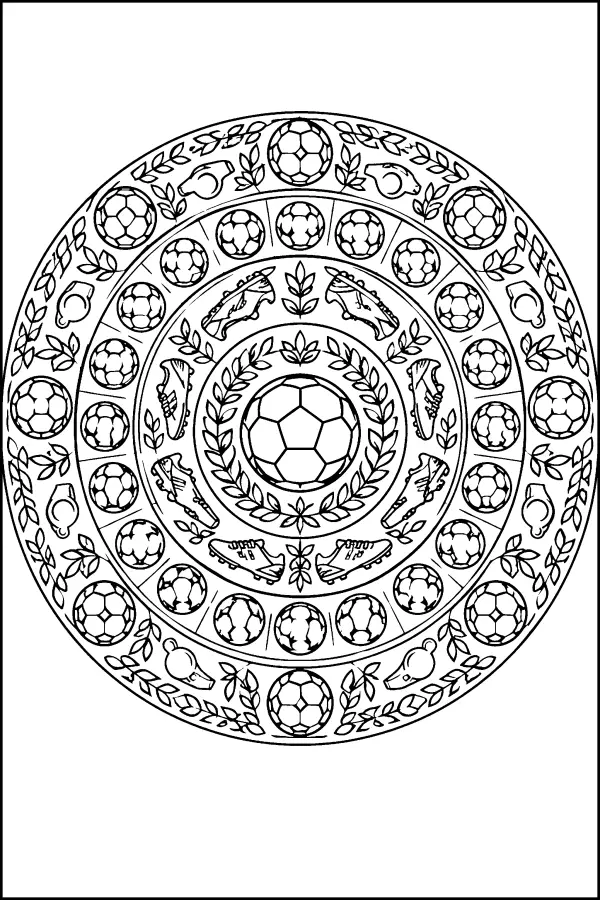 Coloriage détaillé mandala de foot et lauriers