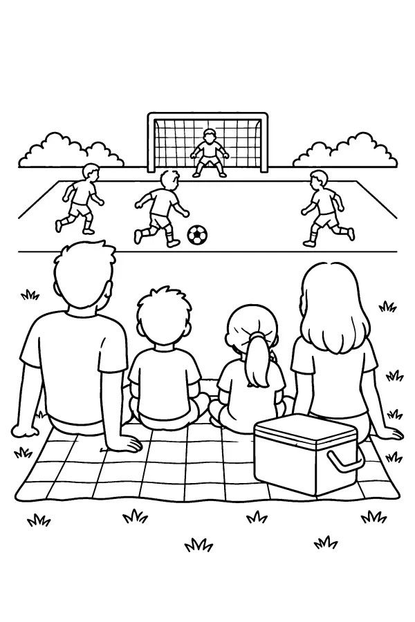 Coloriage d’une famille regardant un match de foot