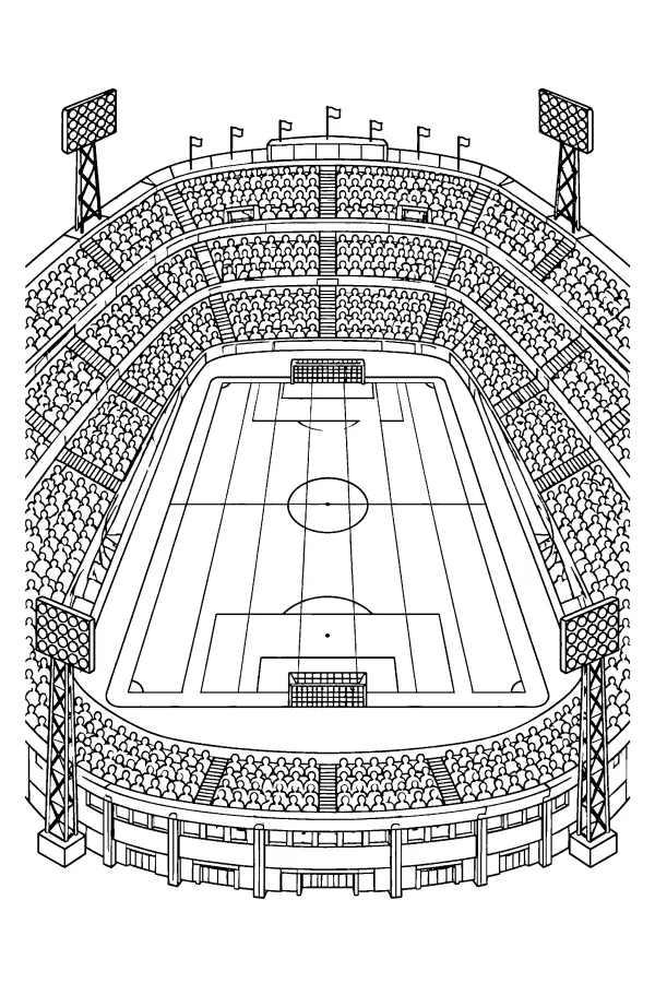 Coloriage détaillé d’un stade de foot vu de haut
