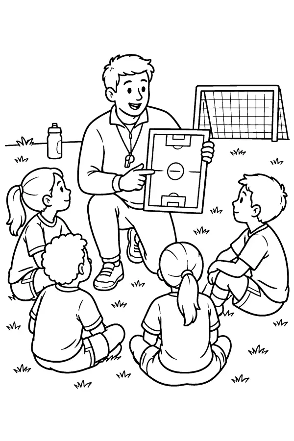 Dessin à colorier d’un entraîneur de foot et ses joueurs