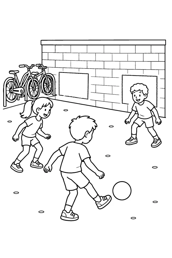 Coloriage d’enfants jouant au foot contre un mur