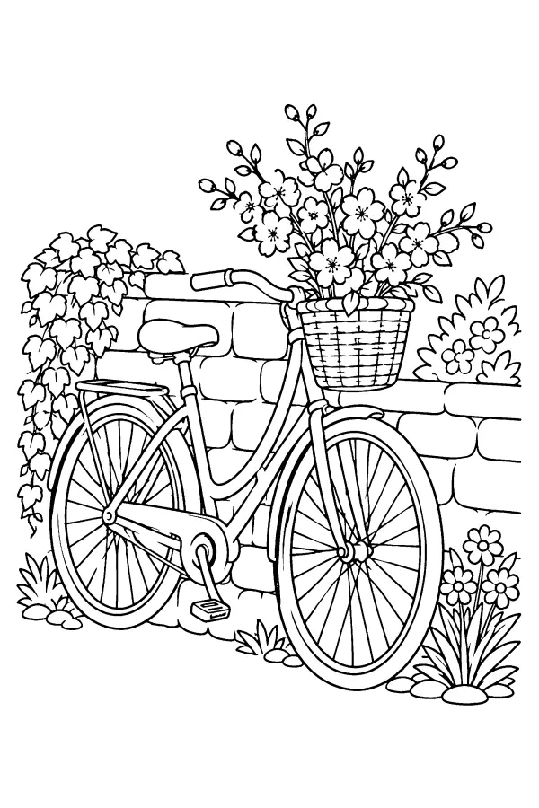 Coloriage de vélo de printemps au panier fleuri