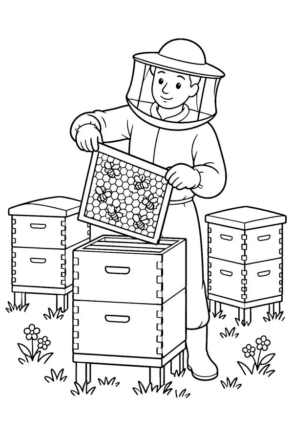 Dessin à colorier d’apiculteur de printemps à la ruche